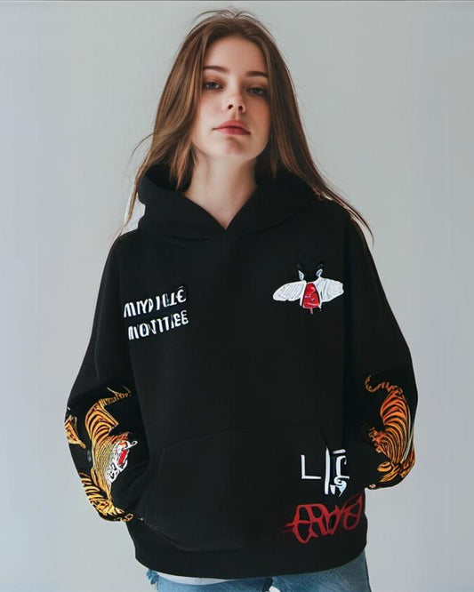 Women Black Oversized Hoodie - Tiger Roar