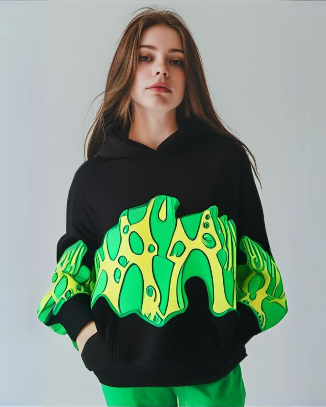 Women Black Oversized Hoodie - Green Fire Edition