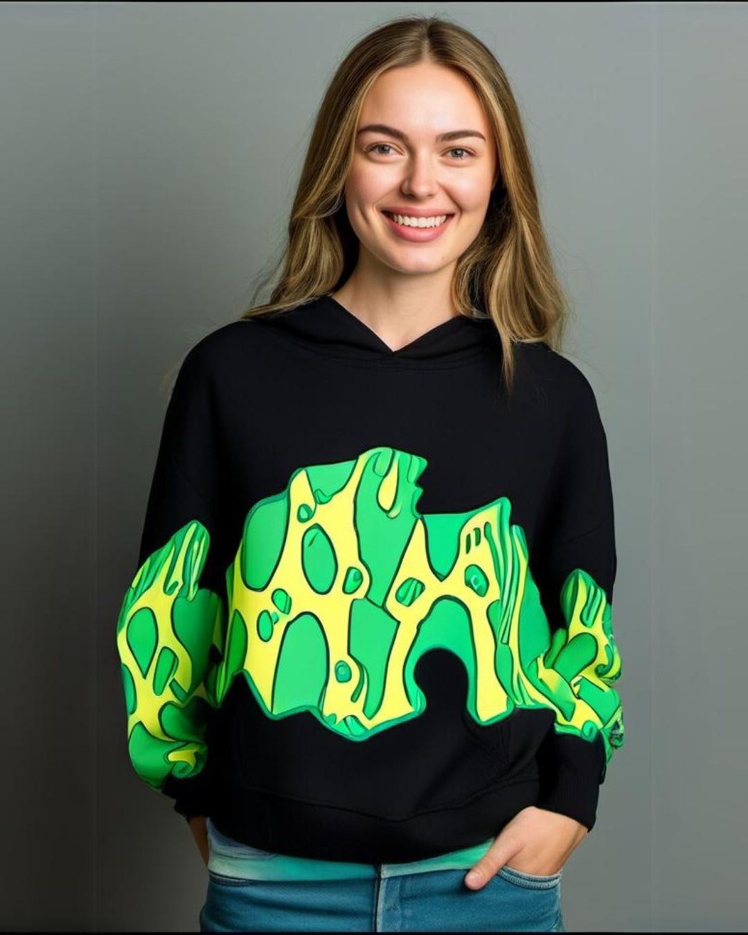 Women Black Oversized Hoodie - Green Fire Edition