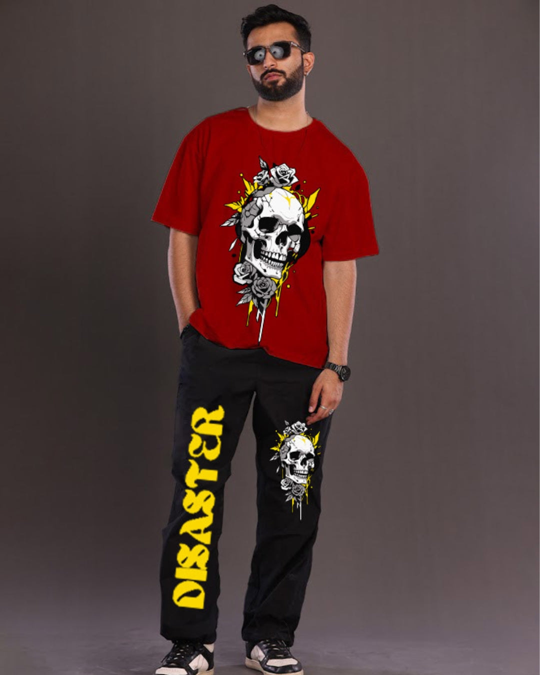 Men Disaster Skull Oversized Cord Set - Red and Black