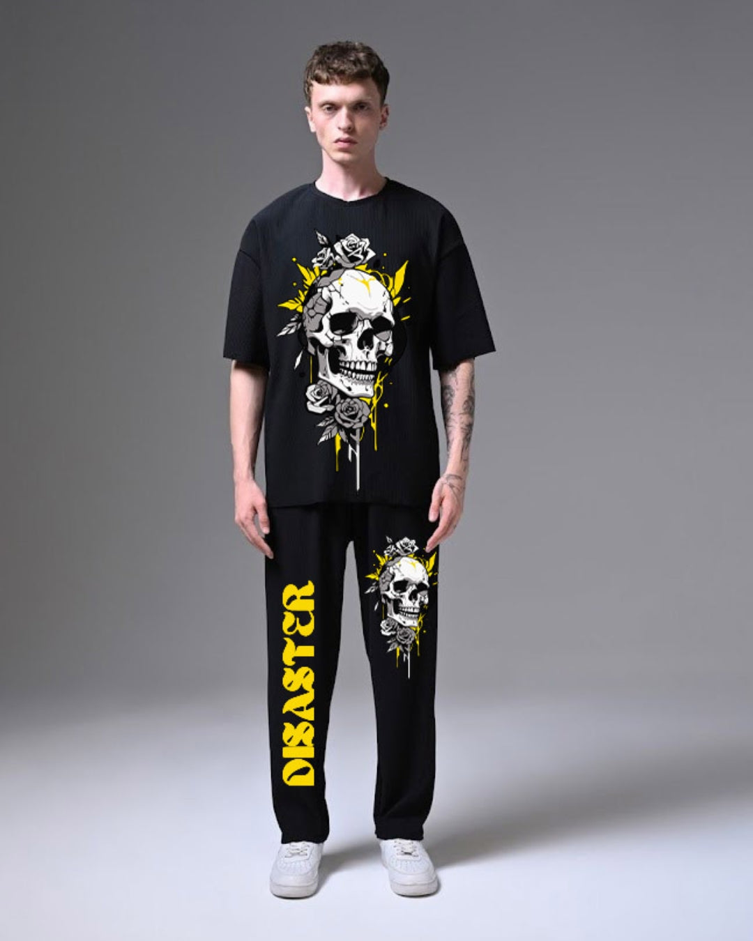 Men Disaster Skull Oversized Cord Set - Black and Black