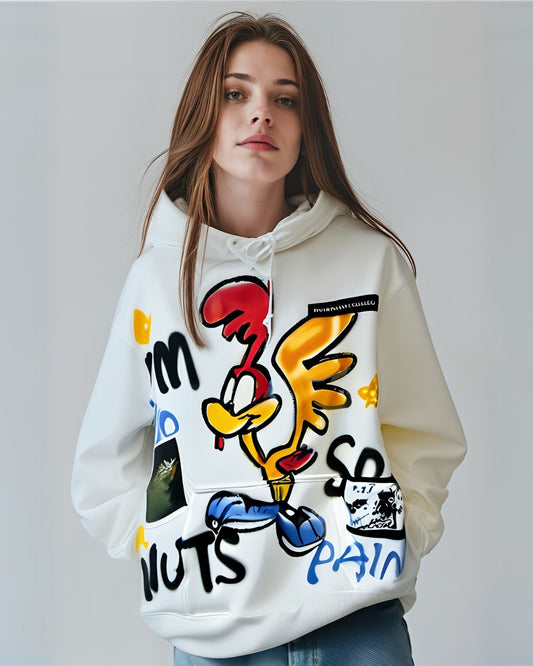 Women White Oversized Hoodie - Happy Hen