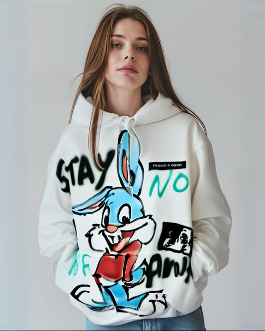 Women White Oversized Hoodie - Stay Bunny