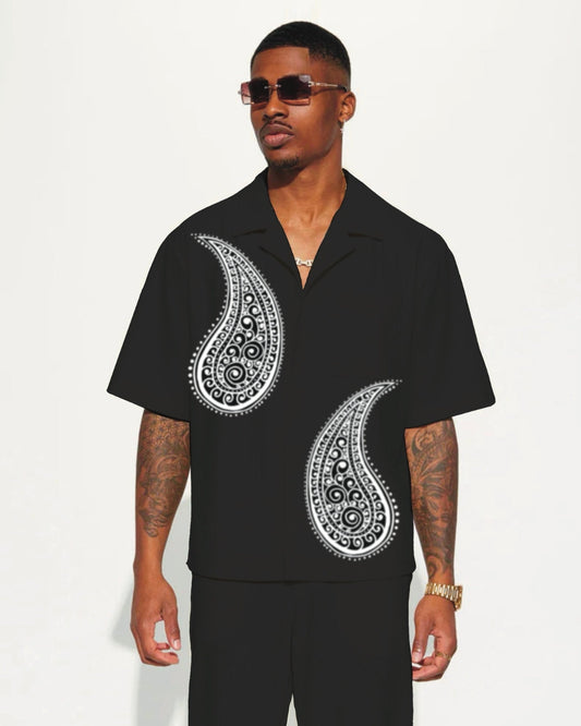 Paisley Pattern Half Sleeve Black Oversized Knitted Shirt