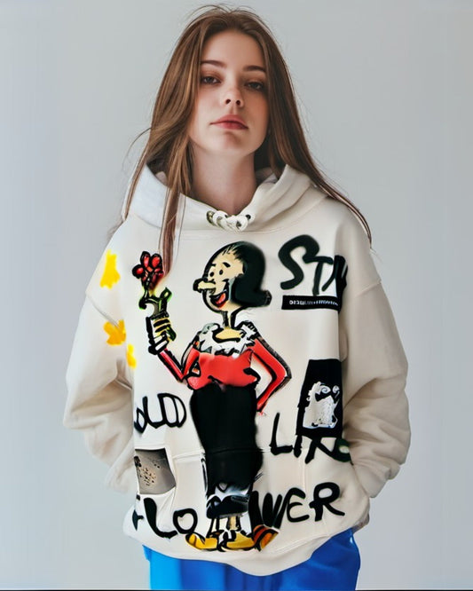 Women White Oversized Hoodie - Flower Girl