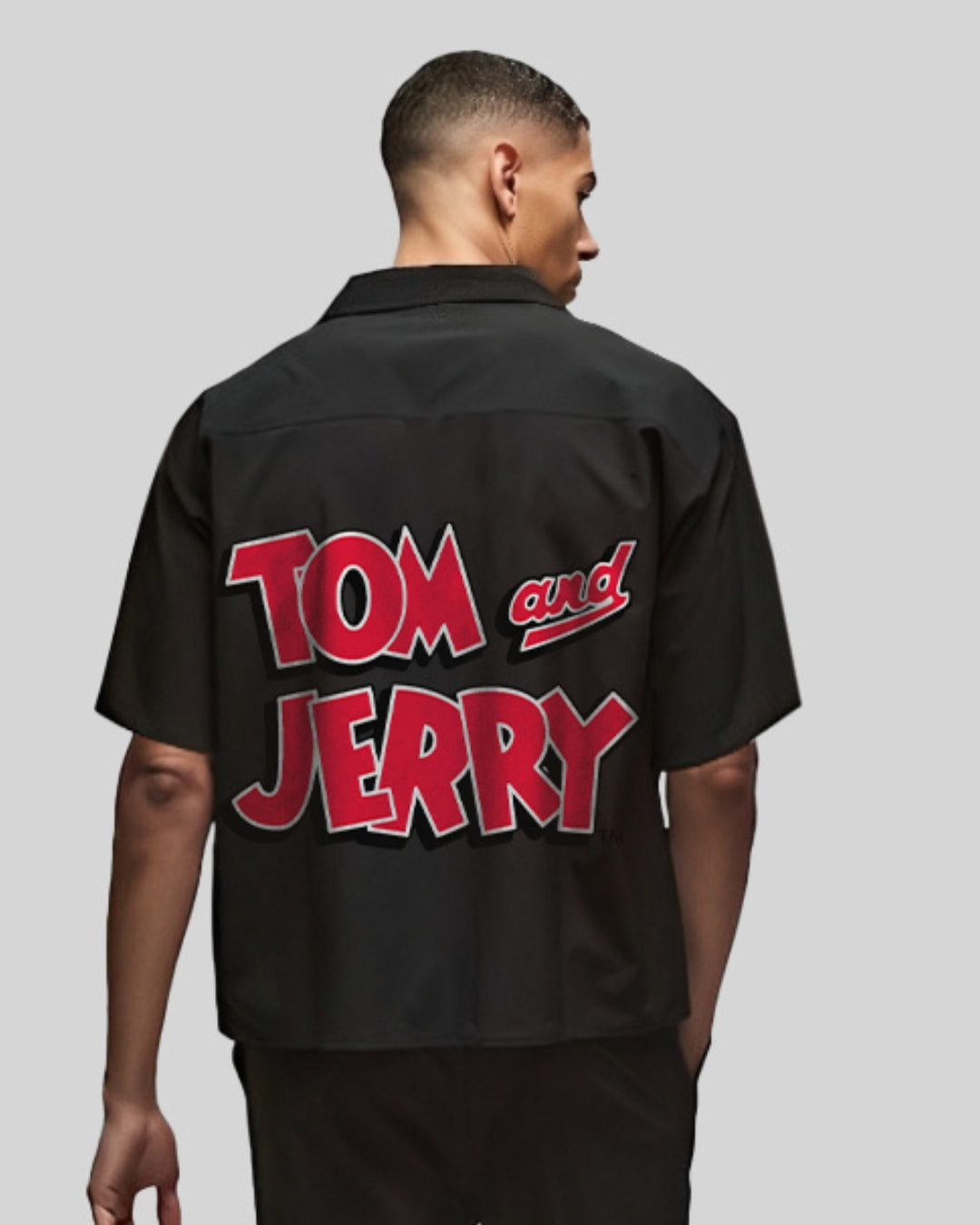 Tom & Jerry Half Sleeve Black Oversized Knitted Shirt