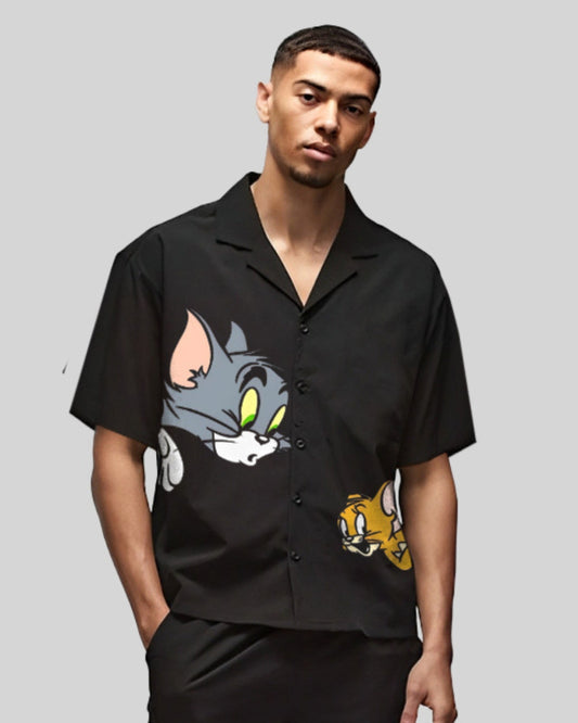 Tom & Jerry Half Sleeve Black Oversized Knitted Shirt