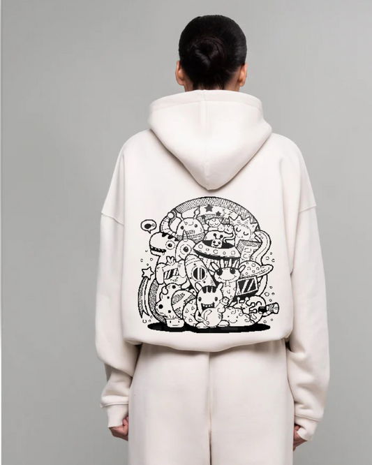 Women White Oversized Hoodie - Alien Graphic