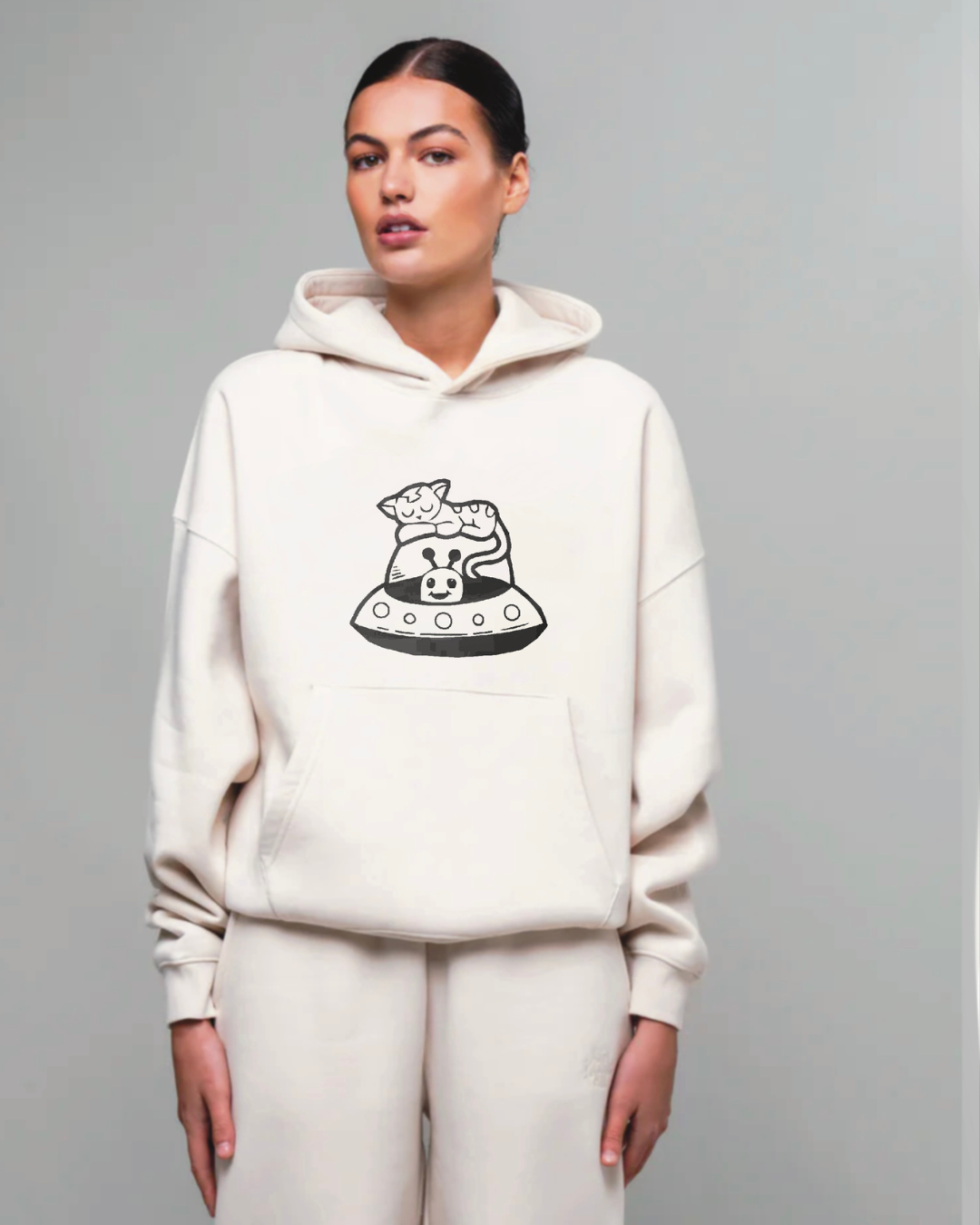 Women White Oversized Hoodie - Alien Graphic