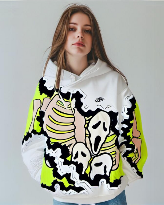 Women White Oversized Hoodie - Ghost Mask